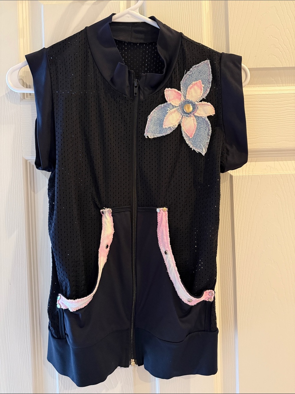 Black Sleeveless Zip Athletic Vest with Pink & Denim Flower Appliqué